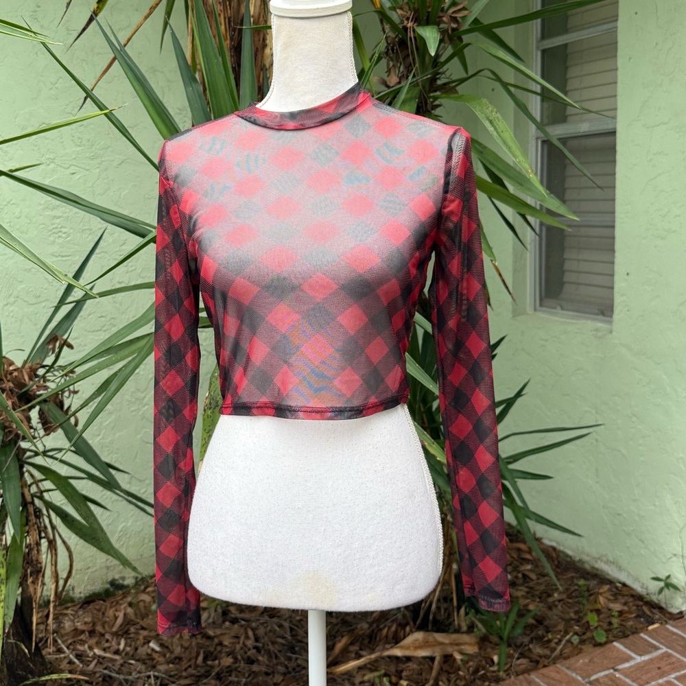 Red Black Plaid Sheer long sleeve shirt